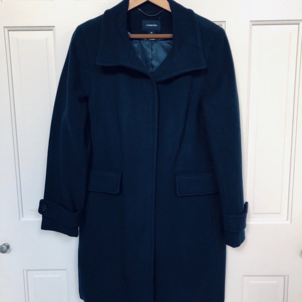 Luxurious NAVY Landsend Wool Cashmere Blend Coat 3/4 Length